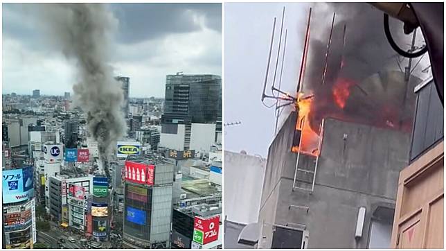 東京澀谷知名商店街大樓失火，濃煙沖天，約20輛消防車到現場