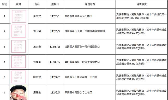 桃園市交裁處公告第123波名單，此次公布的酒駕累犯有15人。圖：交裁處提供