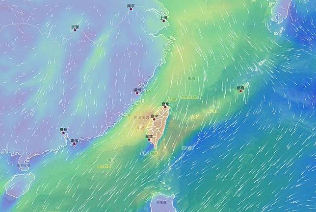 由於冷高壓偏北，所以西北風在很北邊，冷空氣基本上是沿海、陸交接區域南下。(圖擷自中央氣象署)