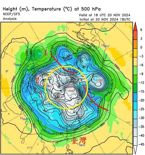 鄭明典21日上傳北極圈漩渦圖片表示：「這就是冬天天氣的源頭，台灣準備要開始降溫進入冬季了！」。 圖：翻攝自鄭明典臉書