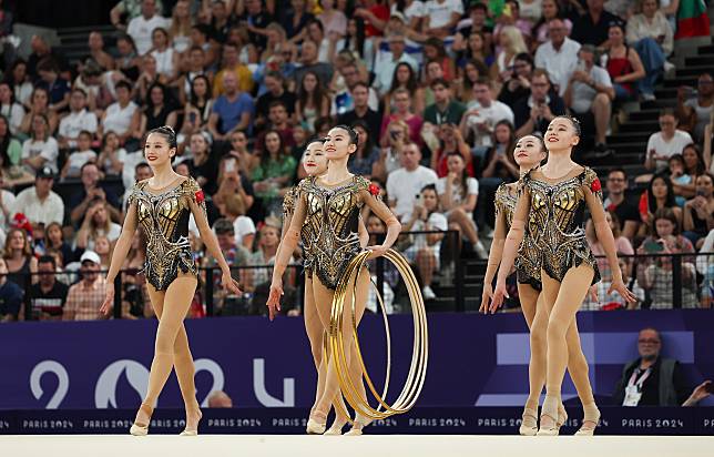 Athletes of Team China compete during the group all-around final of rhythmic gymnastics at the Paris 2024 Olympic Games in Paris, France, on Aug. 10, 2024. (Xinhua/Xu Yanan)