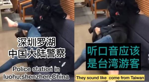 中國深圳1名員警被爆對疑似台灣女遊客施暴，用膝蓋跪壓脖子把女子壓制在沙發上。(圖擷取自影片)