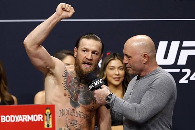 Conor McGregor is interviewed by UFC’s Joe Rogan during a ceremonial weigh-in for UFC 246. Photo: TNS