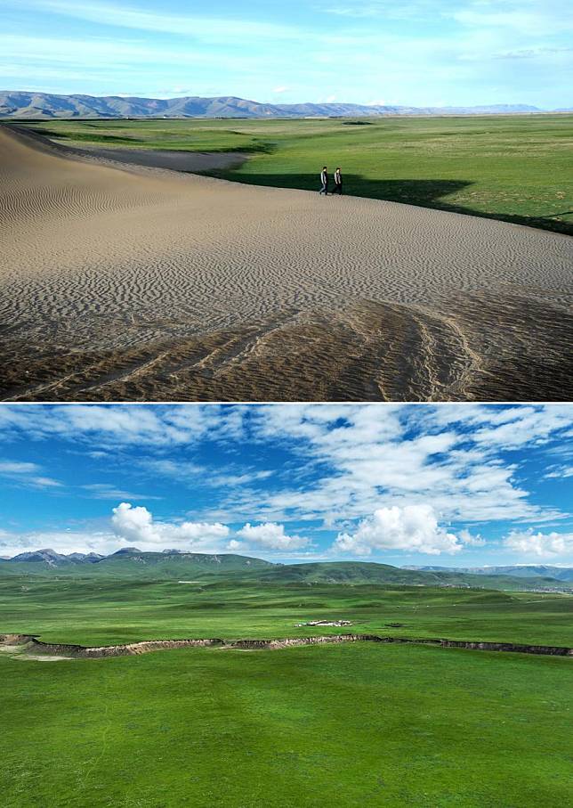 This combo photo shows technicians checking the situation of a severely desertified grassland on June 9, 2011 (above, photo taken by Xinhua photographer Nie Jianjiang) and the grassland after restoration on July 6, 2023 (below, aerial drone photo taken by Xinhua photographer Chen Bin) in Ouqiang Village, Maqu County, Gannan Tibetan Autonomous Prefecture, northwest China's Gansu Province. (Xinhua)