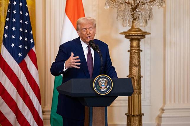 U.S. President Donald Trump attends a press conference at the White House in Washington D.C., the United States, Feb. 13, 2025. (Xinhua/Hu Yousong)