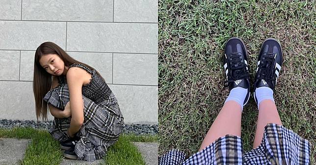 BLACKPINK Jennie運動鞋穿搭「黑白配」！5雙黑色球鞋推薦，格紋洋裝加白襪，妳也可以用球鞋搭出好氣質！