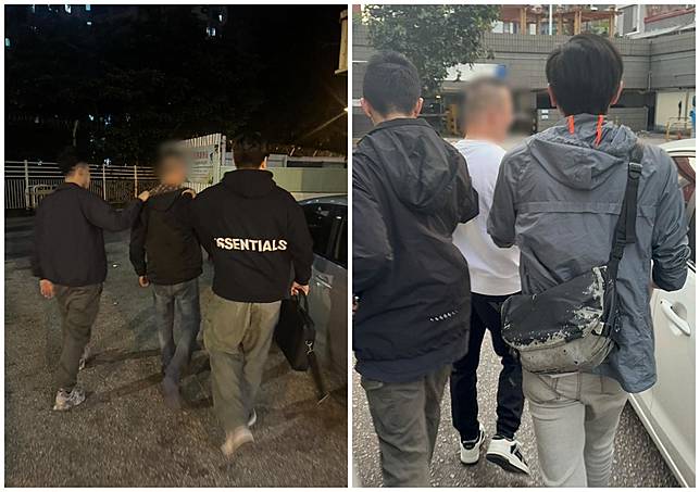 葵涌兩單位遭塞匙窿淋紅油，2男被捕涉金錢糾紛。(警方相片)