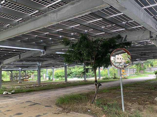 市府交通局在南區健康路一三三巷尾停車場設置太陽光電板，但光電板下方有樹木未移植，引起民眾反彈。（記者陳銀全攝）