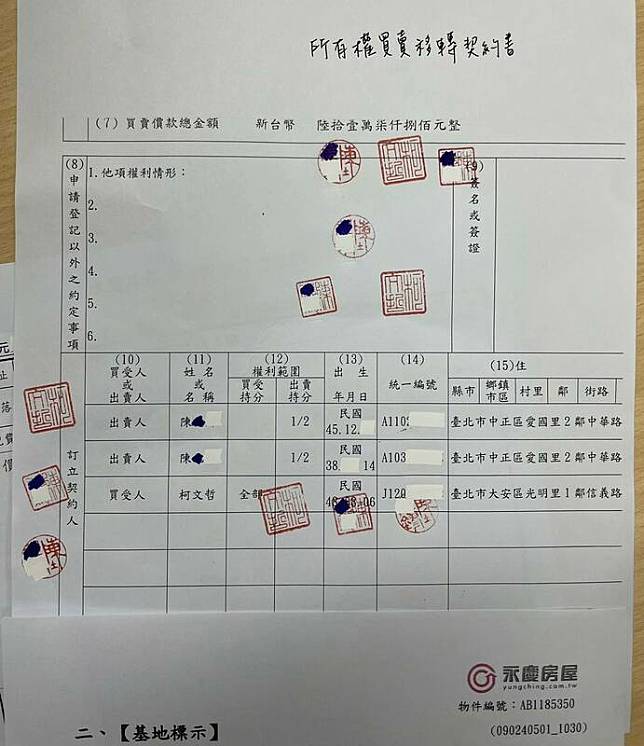 陳智菡臉書PO出商辦的「所有權買賣移轉契約書」。 圖/取自陳智菡臉書