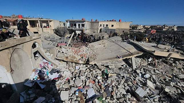This photo taken by cellphone on Jan. 18, 2024, shows the rubble of buildings destroyed by the Jordanian airstrike on the town of Malah in Sweida province, southern Syria. (Xinhua/Stringer)