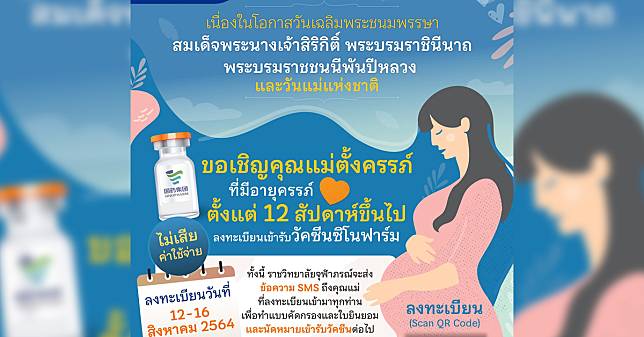 ราชวิทยาลัยจุฬาภรณ์ เปิดให้คนท้องลงทะเบียนฉีด ซิโนฟาร์ม ฟรี 12-16 ส.ค.64