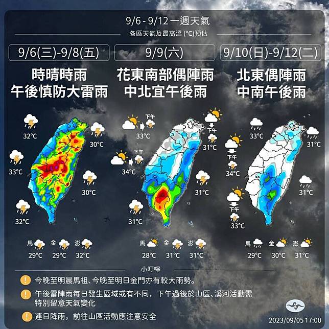 受低壓帶影響，全台週六前天氣都不太穩定，明起至週五留意午後短延時豪雨。(取自中央氣象局)