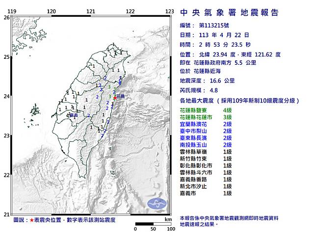 花蓮海域凌晨2點53分發生規模4.8地震，最大震度4級。 圖：氣象署提供
