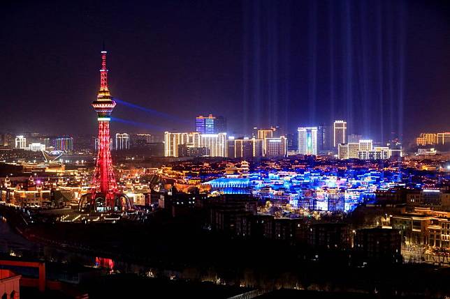 This photo taken on Feb. 9, 2024 shows a night view in Kashgar, northwest China's Xinjiang Uygur Autonomous Region. (Photo by Cai Zengle/Xinhua)