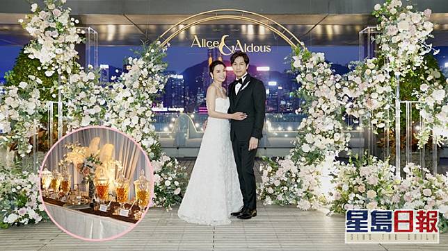 陳煒婚禮的拱門、迎賓區以夢幻色花藝設計營造浪漫。