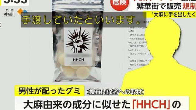 袋子上寫有類似大麻衍生成分的「HHCH」文字的「大麻軟糖」。翻攝Twitter＠yuruhuwa_kdenpa