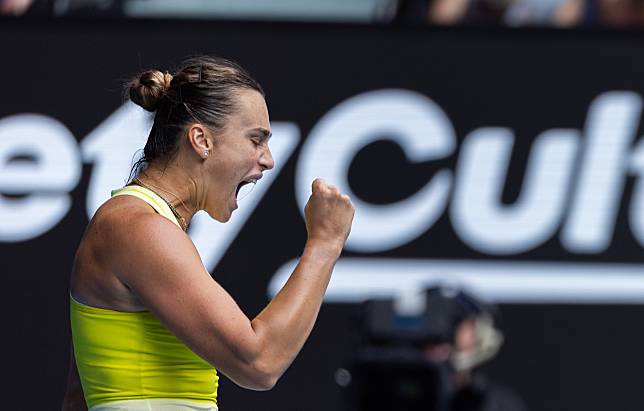 Aryna Sabalenka celebrates a point during the women's singles second round match against Jessica Bouzas Maneiro of Spain at the Australian Open tennis tournament in Melbourne, Australia, Jan. 15, 2025. (Photo by Hu Jingchen/Xinhua)