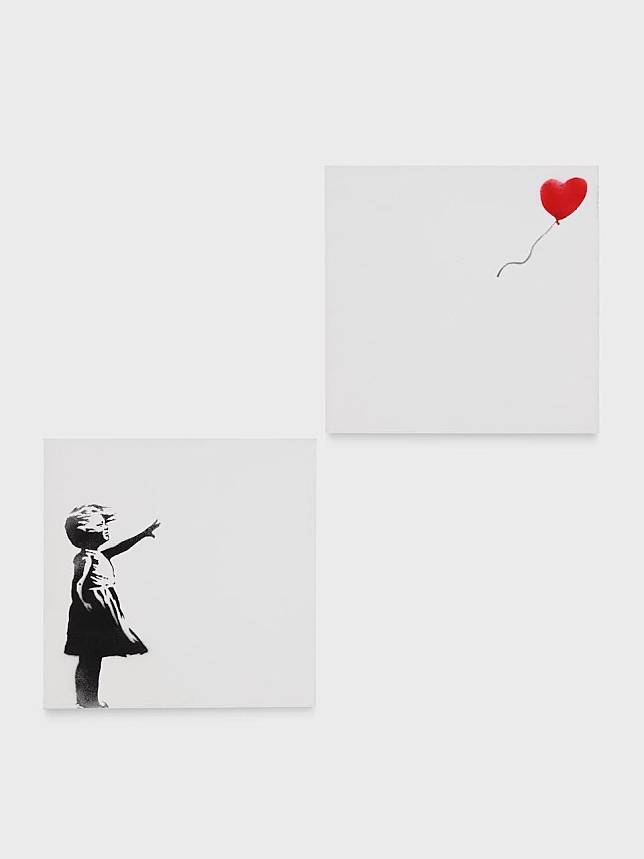Banksy. Girl with Balloon, 2006. Acrylic and spray paint on canvas in two parts, Each: 1113⁄16 x 1113⁄16 inches (30 x 30 cm), Edition of 25, AP