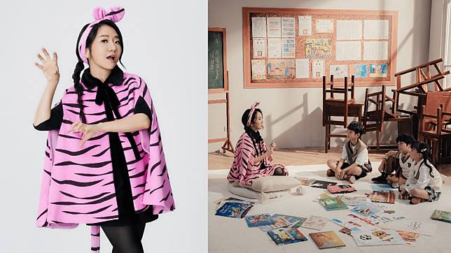 陶晶瑩在兒童節目《虎姑婆和他的朋友》扮成粉紅虎姑婆，與孩子們透過音樂打成一片。（MyVideo提供）