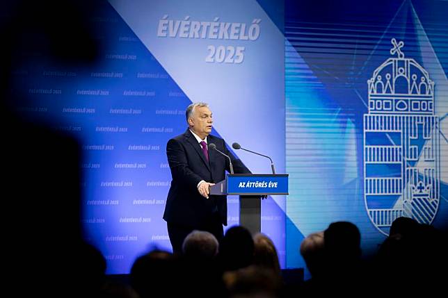 This photo released by the Hungarian Prime Minister's Press Office shows Prime Minister Viktor Orban speaking in his state-of-the-nation address (SONA) in Budapest, Hungary, Feb. 22, 2025. (Zoltan Fischer/MTI via Xinhua)