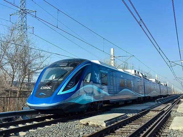 A hydrogen-powered urban train runs on a test track in Changchun, northeast China's Jilin Province, March 21, 2024. (CRRC Changchun Railway Vehicles Co., Ltd./Handout via Xinhua)