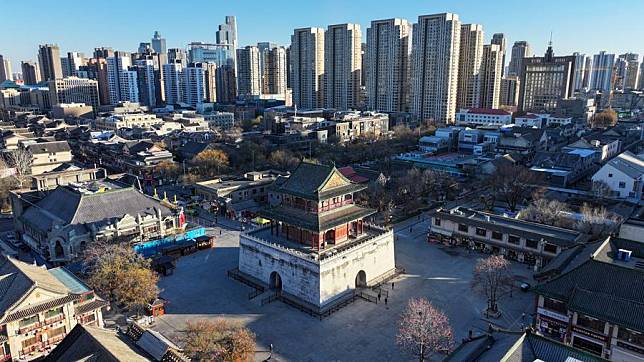 An aerial drone photo taken on Dec. 17, 2024 shows the Drum Tower in Tianjin, north China. (Xinhua/Sun Fanyue)