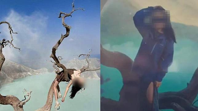 女網紅（左）吊掛在網紅樹拍照、右圖為不幸墜下峽谷身亡的旅客。（圖／翻攝自微博）