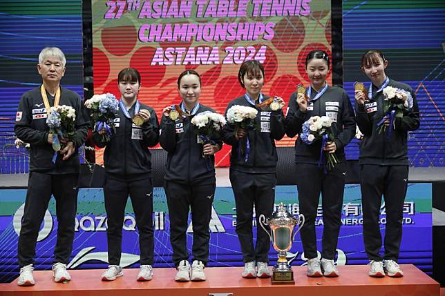 Japanese players attend the women's team award ceremony at the 27th Asian Table Tennis Championships in Astana, Kazakhstan, Oct. 10, 2024. (Xinhua)