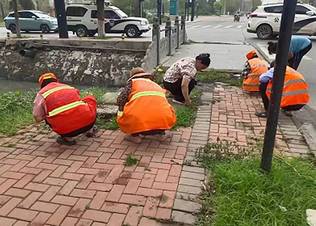 內地有工作人員清理路邊雜草，以免妨礙市民通行。