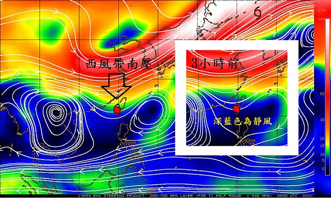 鄭明典稍早PO圖指出，山陀兒即將明顯移動的「訊號」出現，颱風將偏東而動。(圖翻攝自鄭明典臉書)