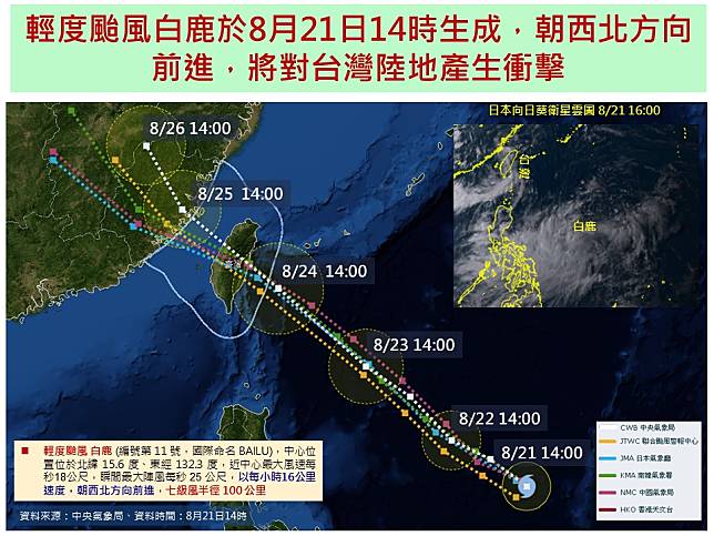 今年第11號颱風「白鹿」於昨（21）日下午14時形成，預計本週六對台影響最大。   圖：國家災害防救科技中心／提供