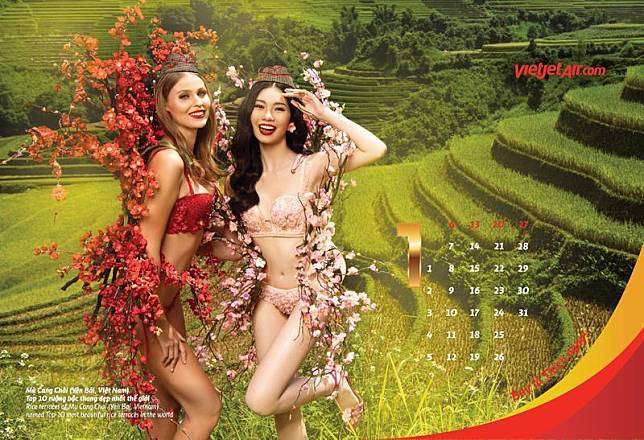 穿著火辣比基尼的越捷女郎，搭配象徵亞洲各地的繽紛炫麗花朵，於越南及亞洲各大知名旅景點進行拍攝。（越捷航空提供）