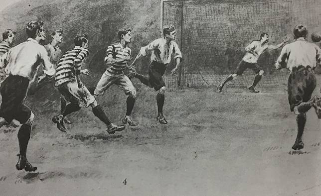 หนังสือพิมพ์ IIustrated Sporting and Dramatic News ลงข่าวการแข่งขันฟุตบอลระหว่างควีนส์ปาร์ก จากกลาสโกว์ กับคอรินเธียน จากลอนดอน ในเดือนธันวาคม 1898 ที่สนามควีนสปาร์ก
