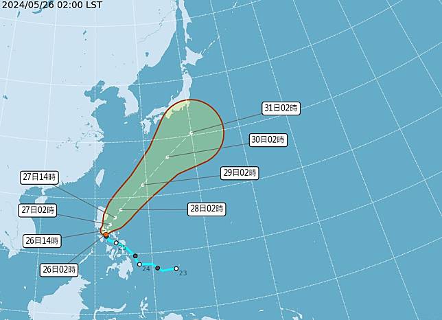 今年首颱「艾維尼」，逐漸接近呂宋島，再向東北大迴轉遠離，不侵台。（圖：氣象署網站）