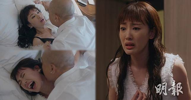 蔣家旻飾演的琪琪在昨晚播出的一集《美麗戰場》中被威爺（李成昌飾）強姦。（大會提供 / 明報製圖）