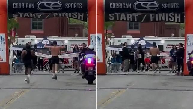 梅洛在終點前開始慶祝，結果被傑克森從後方超越。翻攝自X