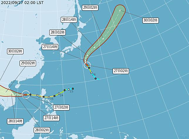 諾盧、庫拉颱風路徑都持續遠離，2個颱風都對台灣沒有直接影響。（中央氣象局提供）