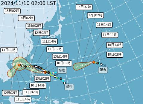 目前太平洋上有銀杏、桔梗、萬宜3個颱風，未來幾天內熱帶擾動94W可能會增強為「天兔」颱風。 圖片來源/氣象署