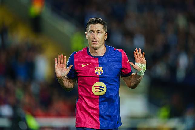 Robert Lewandowski of FC Barcelona in action during a UEFA Champions League against Bayern Munich in Barcelona, Spain, Oct. 23, 2024. (Photo by Joan Gosa/Xinhua)