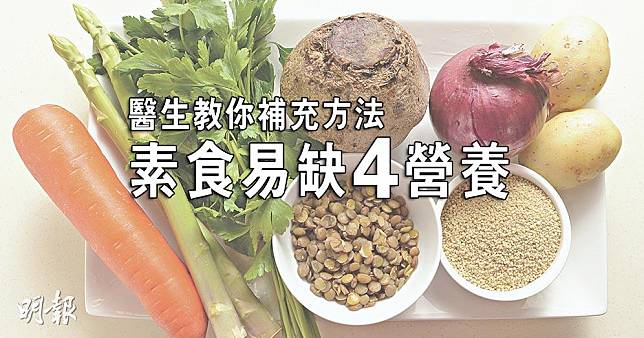 香港家庭醫學學院副院長劉浩濂表示，素食者容易缺乏4種營養素，包括維他命B12、鐵質、蛋白質及奧米加3脂肪酸。（資料圖片／明報製圖）