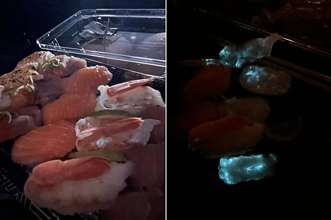 網友買到的握壽司在無燈光環境下會發光。取自爆料公社