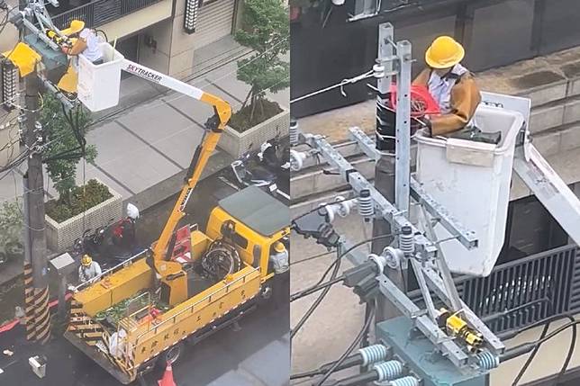 台電人員小心整理電桿上的鳥巢，接著用一個三角錐作為雛鳥的新家，兼顧供電安全與生命尊重。畫面翻攝threads hannah.chang1008