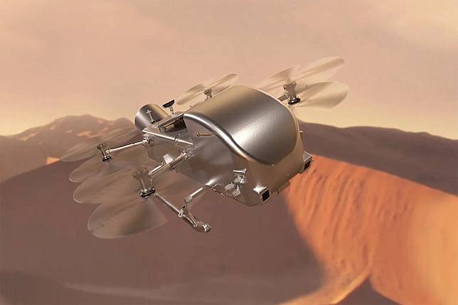 NASA預計2028年發射無人機蜻蜓號探索土衛六。（臺北市立天文科學教育館提供）