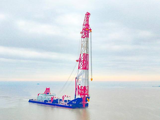 The undated photo provided by the Second Harbor Engineering Co., Ltd. under China Communications Construction Co., Ltd. (CCCC) shows &ldquo;Erhang Changqing,&rdquo; China's new self-developed pile-driving vessel. (The CCCC Second Harbor Engineering Co., Ltd./Handout via Xinhua)