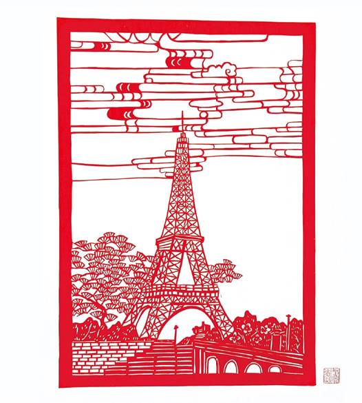 艾菲爾鐵塔是法國巴黎城市地標，蕭惠卿將其融合剪紙藝術，體現傳統與現代、東方與西方的交融。（機構提供）