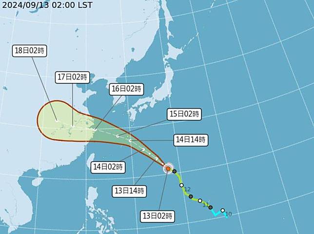 目前在台灣東南東方的貝碧佳颱風預估最快今天就會增強為中度颱風，不過比起先前預測路徑略為北修，預估15日晚上至16日清晨最靠近台灣，對台灣的可能影響時間也將會跟著縮短。(圖擷自氣象署)