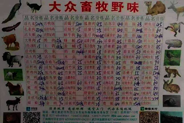 疑似為武漢肺炎爆發源頭的華南海鮮市場，野味攤販大剌剌販售數十種野生動物。（截自微博）