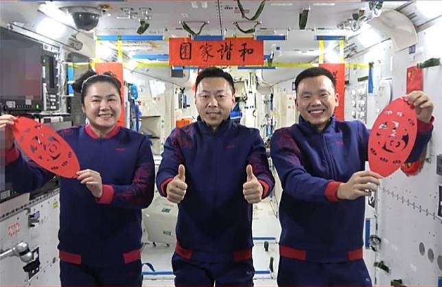 This undated video grab shows Shenzhou-19 astronauts sending their Spring Festival greetings from China's Tiangong space station. (Xinhua)