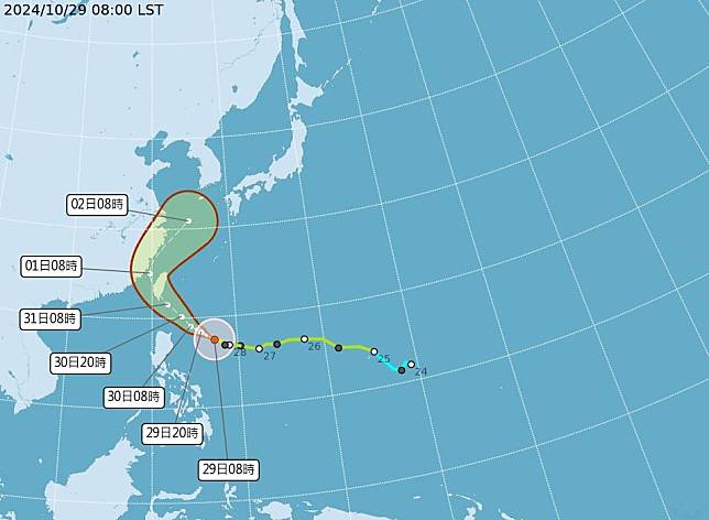 颱風康芮強度持續增強，今明兩天朝西北方向、接近臺灣東南部海域。（氣象署提供）