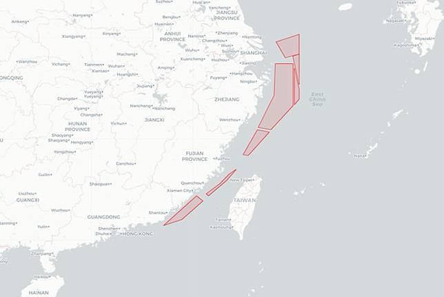 中國解放軍在東南海域建7個空域保留區，不排除為下一次的大型軍演活動而鋪陳。 圖: 擷自X帳號@duandang